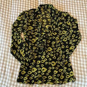 New York & Company Sheer Black Top with Lime Green Teardrop Print Size 6
